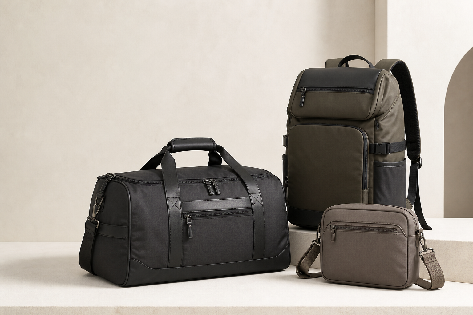 Ohlukies concept collection featuring a travel duffel, backpack, and crossbody bag